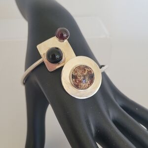 Artisan Made Sterling Silver Garnet & Lace Agate Cabachon Bypass Cuff Modernist